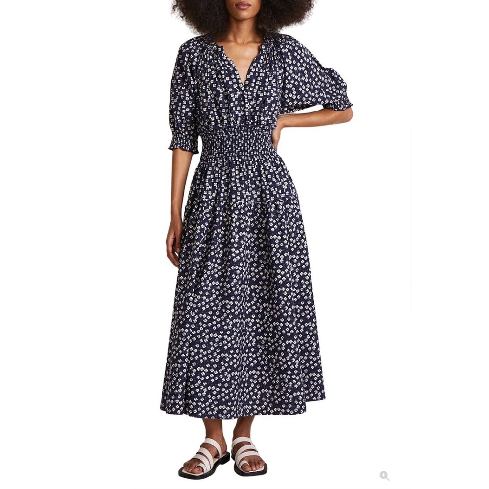 Apiece Apart Sz M Brijette Midi Dress Navy Floral Smocked 100% Organic Cotton